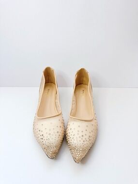 Size 15 Women’s Nude Rhinestone Mesh Pointed Toe Flats Hidden Wedge XYD
